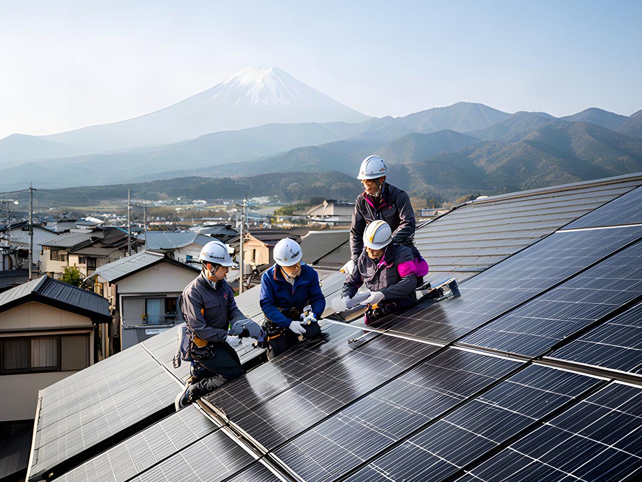 長野県小諸市の住宅屋根で太陽光パネルを点検する施工スタッフ