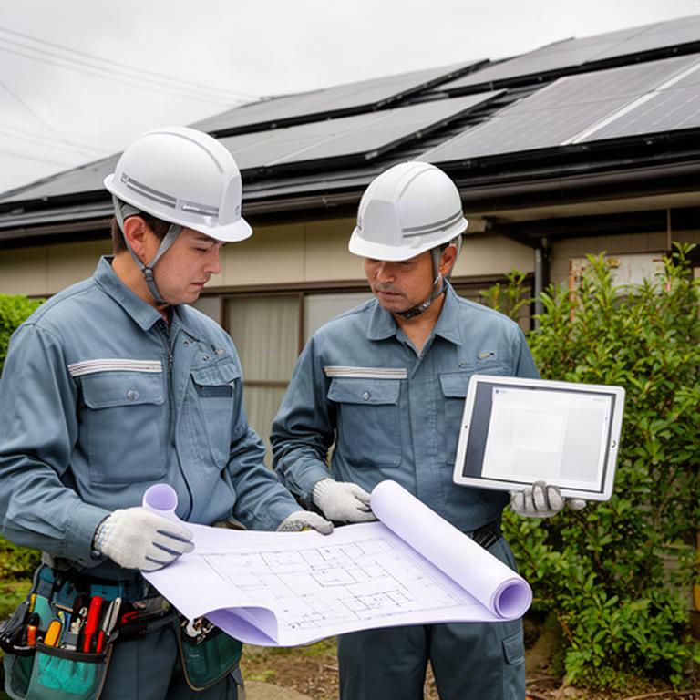 太陽光発電設備の設置計画を屋外で確認する作業員と住宅図面