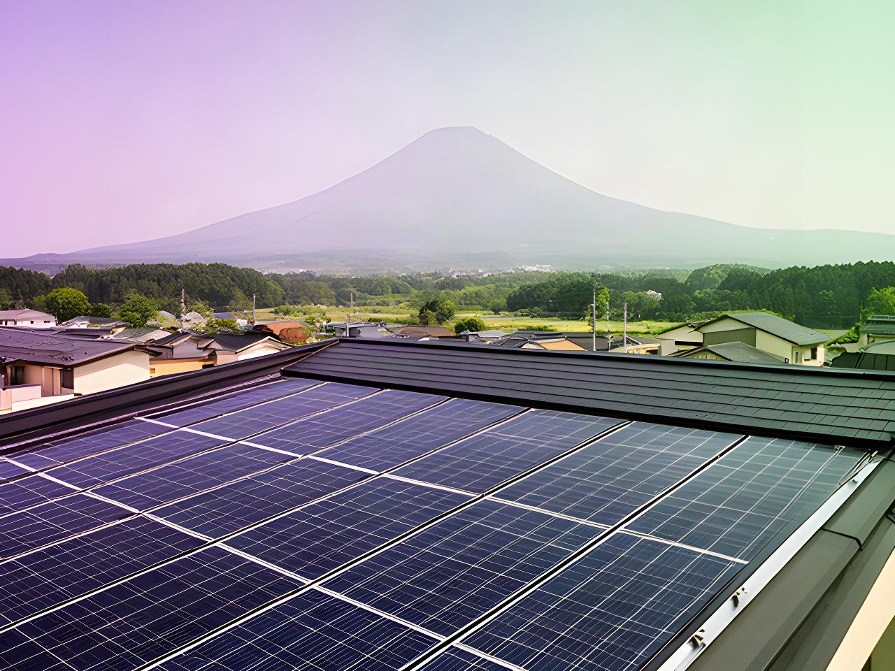 長野県小諸市の住宅屋根に設置された太陽光パネルと浅間山の風景