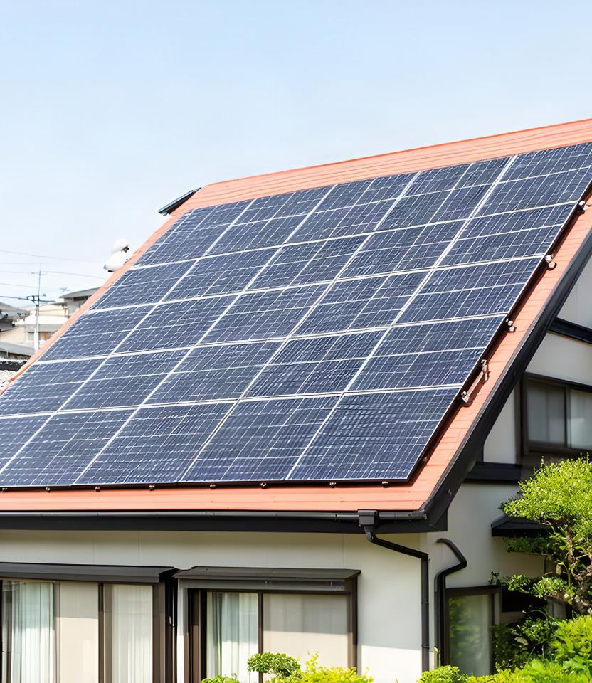 小諸市の切妻屋根に整然と並ぶ高効率太陽光パネル
