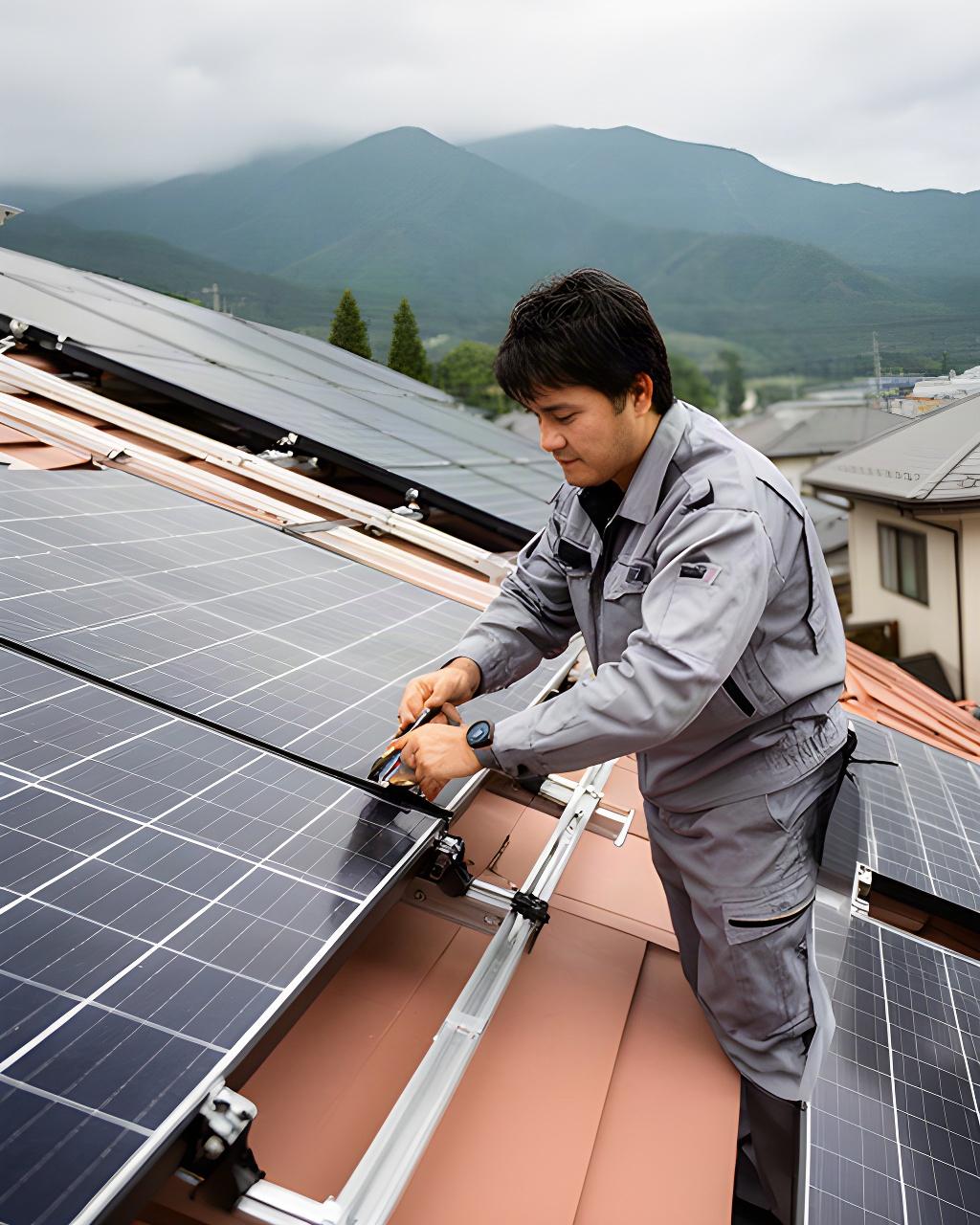 小諸市の住宅で太陽光パネルを確認する施工技術者